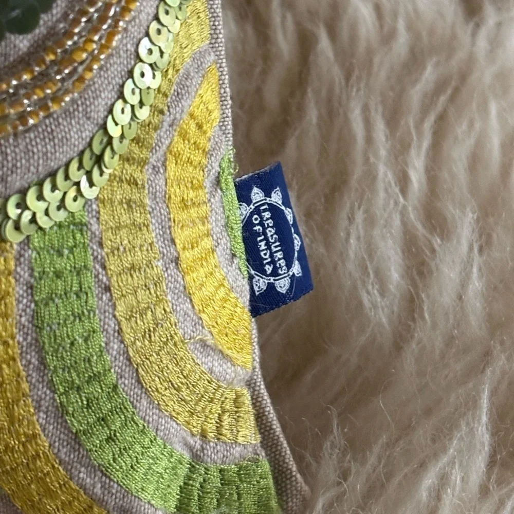 Indian Ethnic Sequined and Embroidered Green and Yellow Linen Accent Pillow